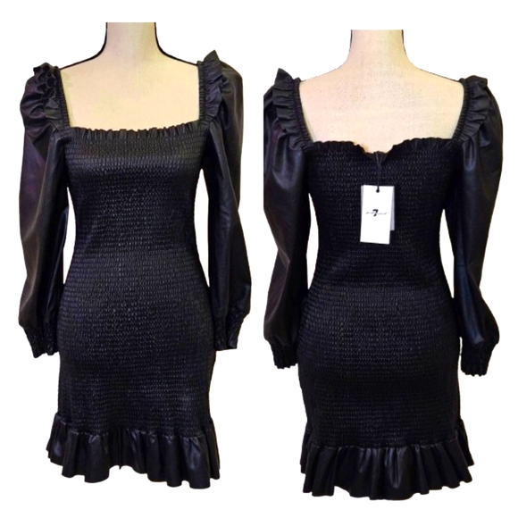 7 For All Mankind Black  Smocked,Long Sleeve,Faux Leather Dress,Medium,NWT - Picture 1 of 16